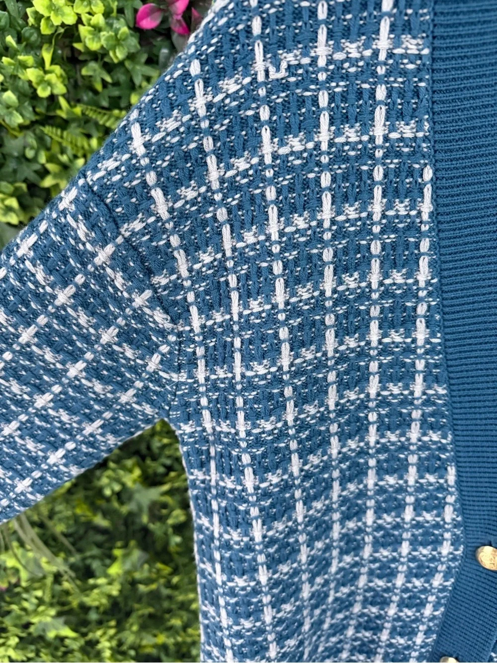 Talbots Pure Merino Wool Long Cardigan XS-M Blue White Gold Button Coatigan